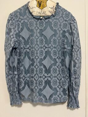Ultra Pink Dusty Blue Lace-Overlay Long Sleeve Blouse